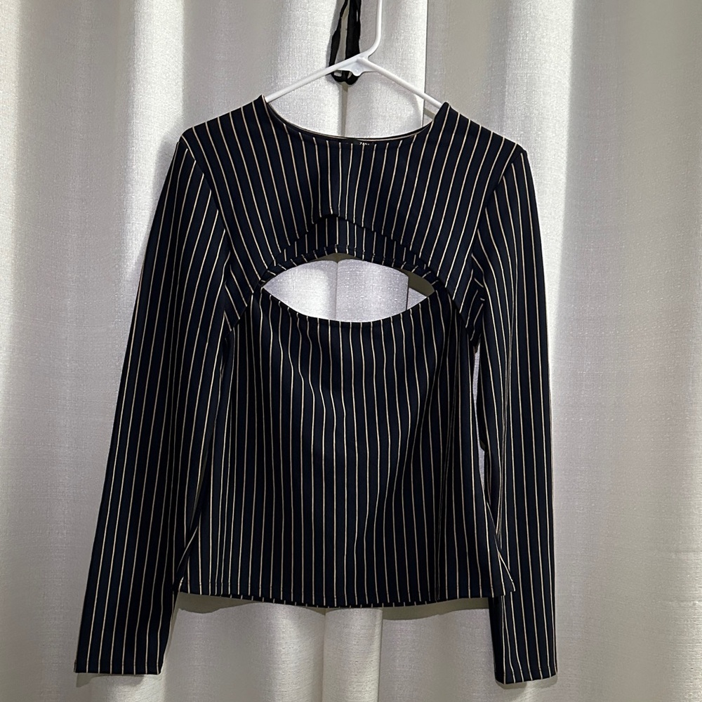 Zara Navy and White Pinstripe Cut-Out Blouse